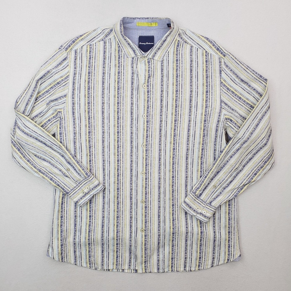 Tommy Bahama Shirt Mens Extra Large Blue Yellow Striped Floral Hawaiian Tropical